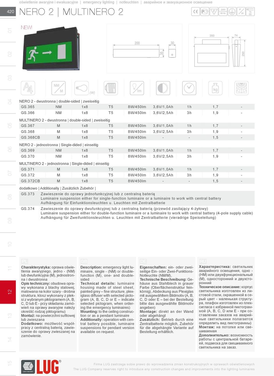 366 NM 1x8 T5 8W/450lm 3,6V/2,5Ah 3h 1,9 - MULTINERO 2 - dwustronna double-sided zweiseitig GS.367 M 1x8 T5 8W/450lm 3,6V/1,0Ah 1h 1,7 - GS.368 M 1x8 T5 8W/450lm 3,6V/2,5Ah 3h 1,9 - GS.