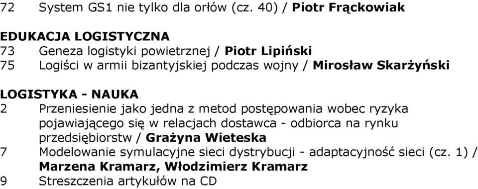 podczas wojny / Mirosław SkarŜyński LOGISTYKA - NAUKA 2 Przeniesienie jako jedna z metod postępowania wobec ryzyka pojawiającego