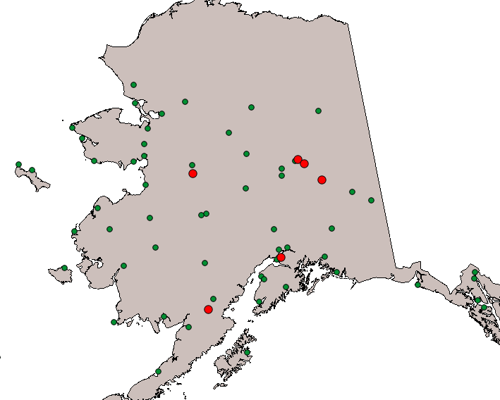 Analiza danych przestrzennych. Kwerenda w QGIS. Dane: Mapa wektorowa lotnisk na terenie Alaski (zielone punkty).