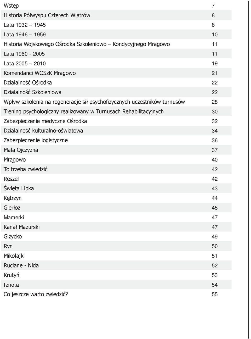 realizowany w Turnusach Rehabilitacyjnych 30 Zabezpieczenie medyczne Ośrodka 32 Działalność kulturalno-oświatowa 34 Zabezpieczenie logistyczne 36 Mała Ojczyzna 37 Mrągowo 40 To