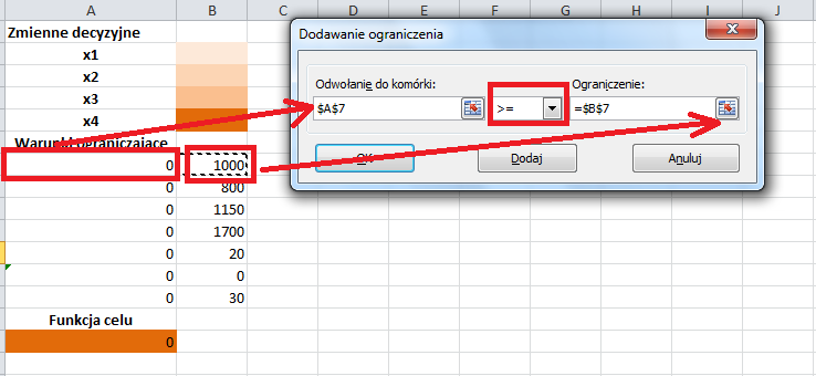 W oknie dodatku Solver należy ustawić cel (komórkę funkcji celu), kryterium funkcji celu (w tym przypadku MIN) oraz zmienne decyzyjne (komórki czterech zmiennych decyzyjnych, które wyrażają wielkości