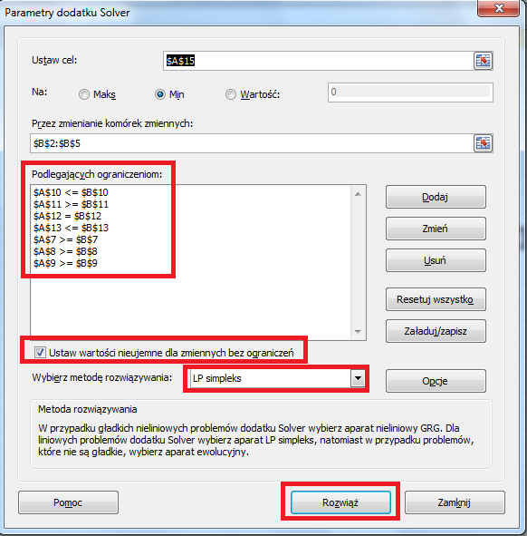Po dodaniu wszystkich warunków ograniczających powinno pojawić się siedem ograniczeń.