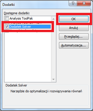 W opcjach programu Excel należy wybrać Dodatki. Wyświetlą się aktywne i nieaktywne dodatki aplikacji. Dodatek Solver jest domyślnie nieaktywny.