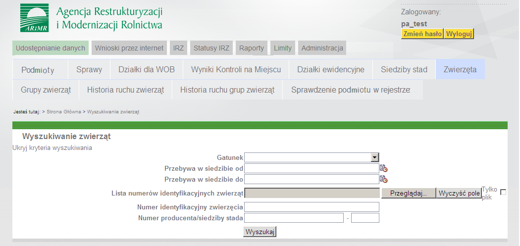 Rysunek 9. Udostępnianie danych Siedziby stada Dane siedziby stada - Historia statusów Przycisk {Powrót} powoduje pojawienie się formularza Dane siedziby stada (Rysunek 8) 3.