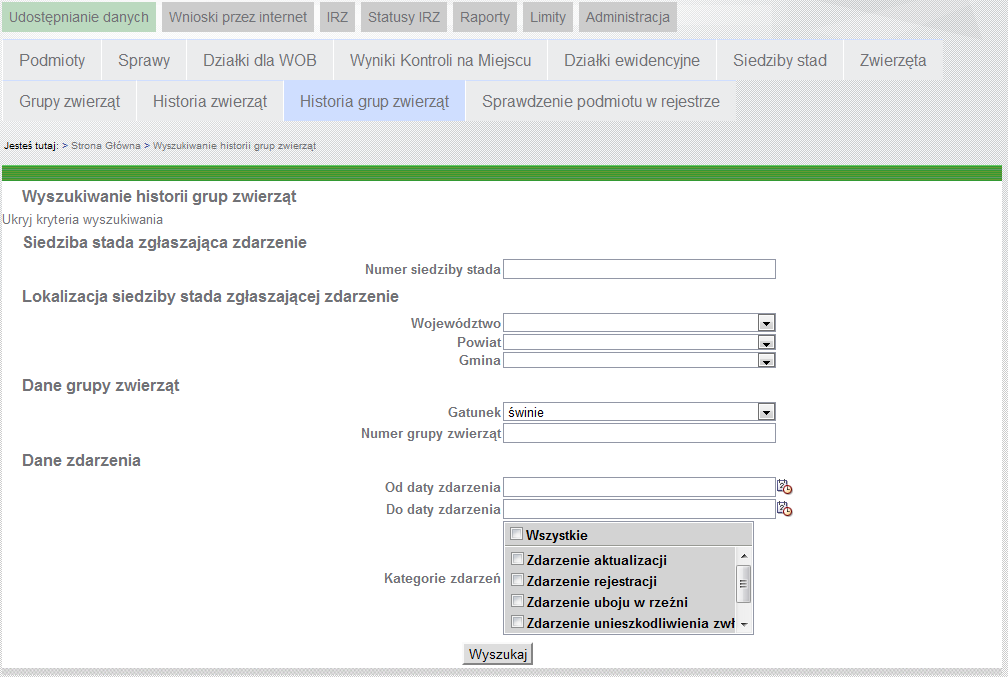 Rysunek 30. Udostępnianie danych Historia grup zwierząt - Wyszukiwanie historii grup zwierząt 6.1.