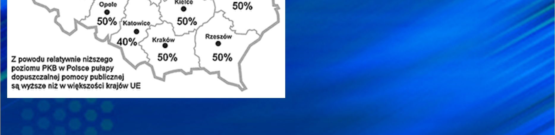 Intensywność pomocy regionalnej w Polsce Ulga podatkowa O wysokości udzielonej pomocy publicznej w regionach decyduje jej intensywność.