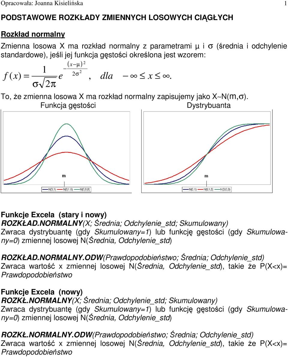 Funkcja gęstości Dystrybuanta Funkcje Excela (stary i nowy) ROZKŁAD.