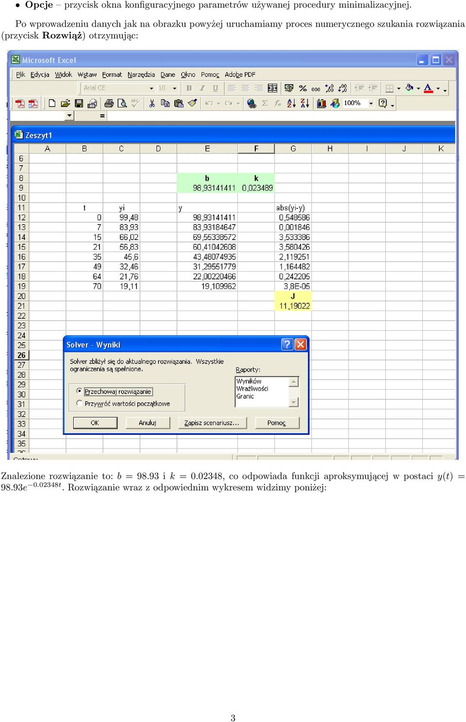 (przycisk Rozwiąż) otrzymując: Znalezione rozwiązanie to: b = 98.93 i k = 0.