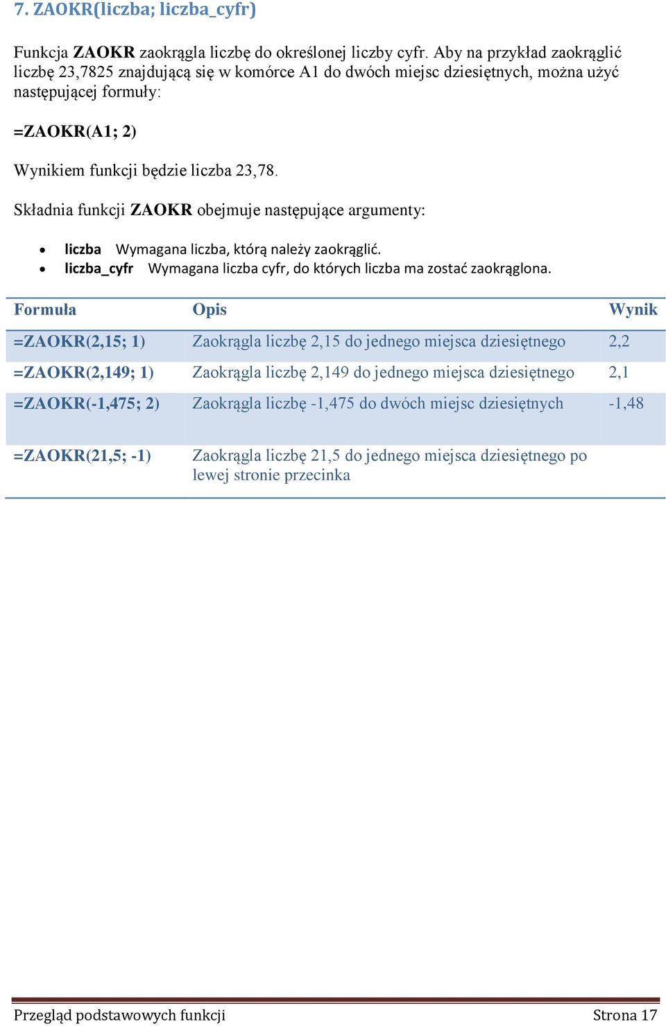 Składnia funkcji ZAOKR obejmuje następujące argumenty: liczba Wymagana liczba, którą należy zaokrąglić. liczba_cyfr Wymagana liczba cyfr, do których liczba ma zostać zaokrąglona.