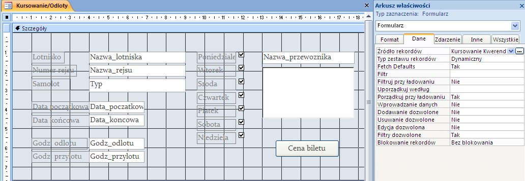 Laboratorium 3 Tworzenie formularzy 1. WYKONAJ Utwórz formularz główny Rozkład lotów (wykorzystać Projekt formularza).