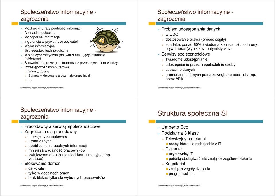 wirus atakujący instalacje nuklearne) Spowolnienie rozwoju trudności z przekazywaniem wiedzy Przestępczość komputerowa Wirusy, trojany Botnety kierowane przez małe grupy ludzi Społeczeństwo