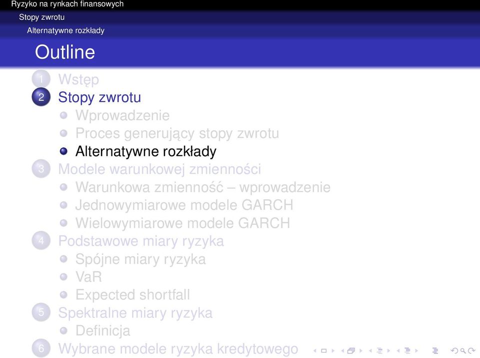 wprowadzenie Jednowymiarowe modele GARCH Wielowymiarowe modele GARCH 4 Podstawowe miary ryzyka