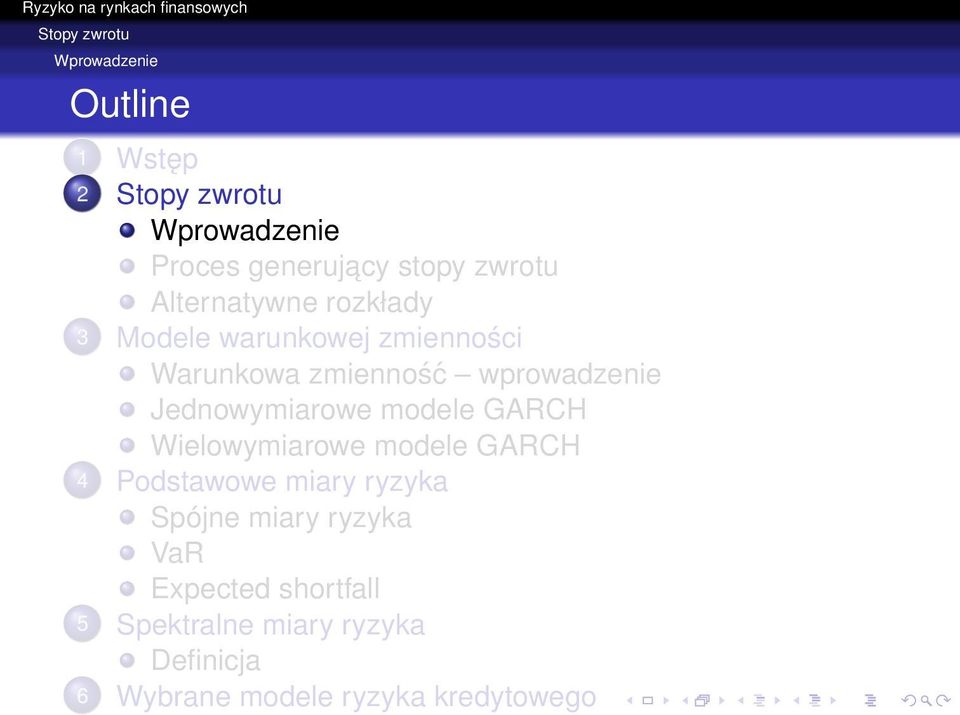 Jednowymiarowe modele GARCH Wielowymiarowe modele GARCH 4 Podstawowe miary ryzyka Spójne miary