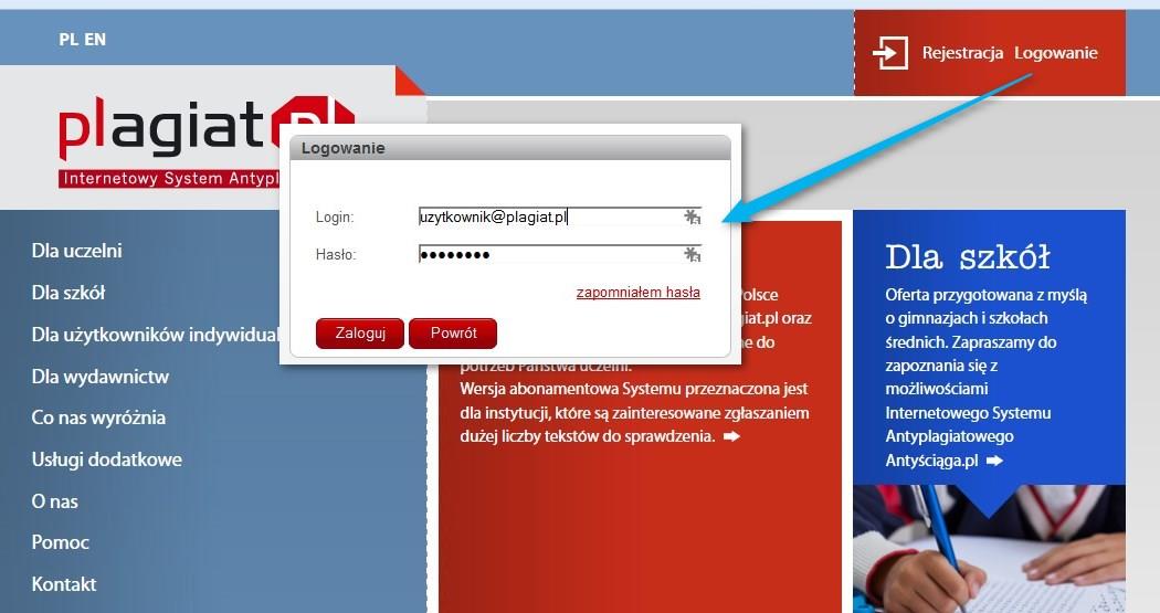 Login: adres mailowy, na który zostało założone konto przez Uczelnianego Administratora Systemu Antyplagiatowego; hasło: otrzymane w mailu z adresu