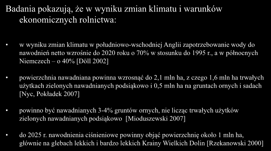 PRZEWIDYWANY ROZWÓJ NAWODNIEŃ W POLSCE Badania pokazują, że w wyniku zmian klimatu i warunków ekonomicznych rolnictwa: w wyniku zmian klimatu w południowo-wschodniej Anglii zapotrzebowanie wody do