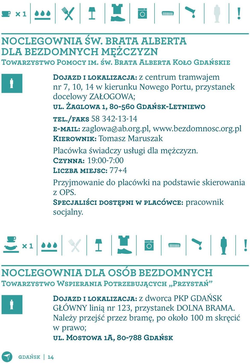 Czynna: 19:00-7:00 Liczba miejsc: 77+4 Przyjmowanie do placówki na podstawie skierowania z OPS. Specjaliści dostępni w placówce: pracownik socjalny.