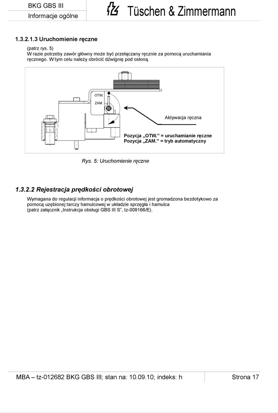 ZAM. Aktywacja ręczna Pozycja OTW. = uruchamianie ręczne Pozycja ZAM. = tryb automatyczny Rys. 5: Uruchomienie ręczne 1.3.2.