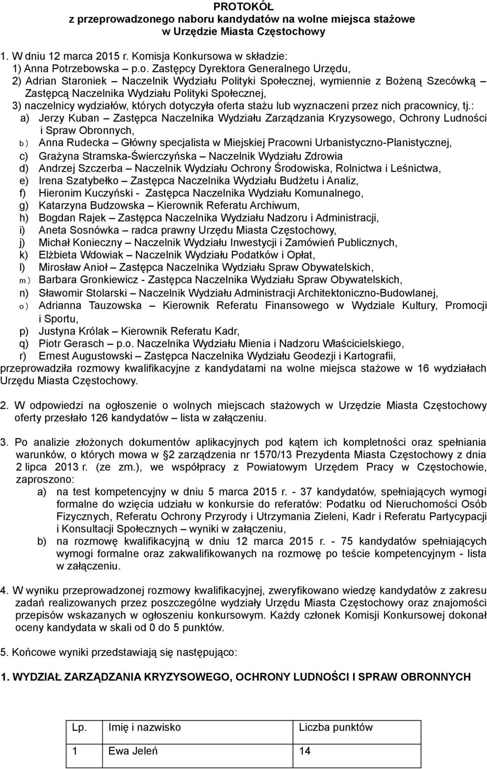 Urzędu, 2) Adrian Staroniek Naczelnik Wydziału Polityki Społecznej, wymiennie z Bożeną Szecówką Zastępcą Naczelnika Wydziału Polityki Społecznej, 3) naczelnicy wydziałów, których dotyczyła oferta