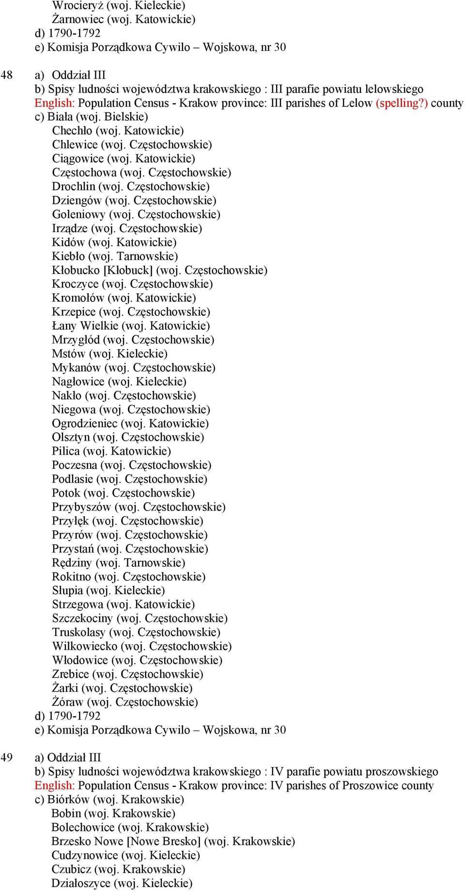 III parishes of Lelow (spelling?) county c) Biała (woj. Bielskie) Chechło (woj. Katowickie) Chlewice (woj. Częstochowskie) Ciągowice (woj. Katowickie) Częstochowa (woj. Częstochowskie) Drochlin (woj.