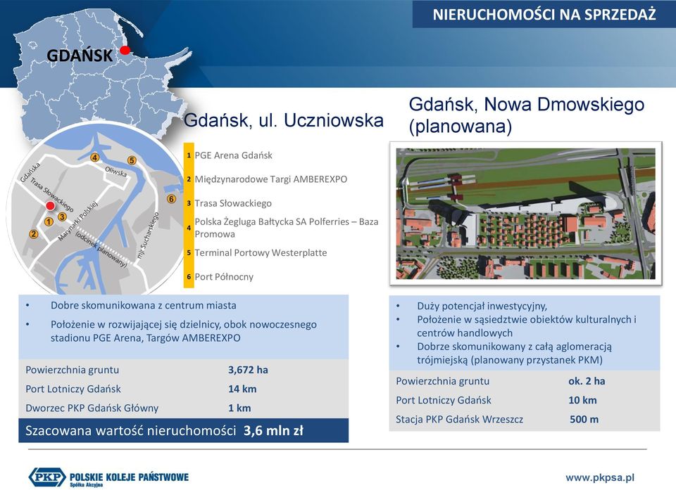 Westerplatte 6 Port Północny Dobre skomunikowana z centrum miasta Położenie w rozwijającej się dzielnicy, obok nowoczesnego stadionu PGE Arena, Targów AMBEREXPO Powierzchnia gruntu Port Lotniczy