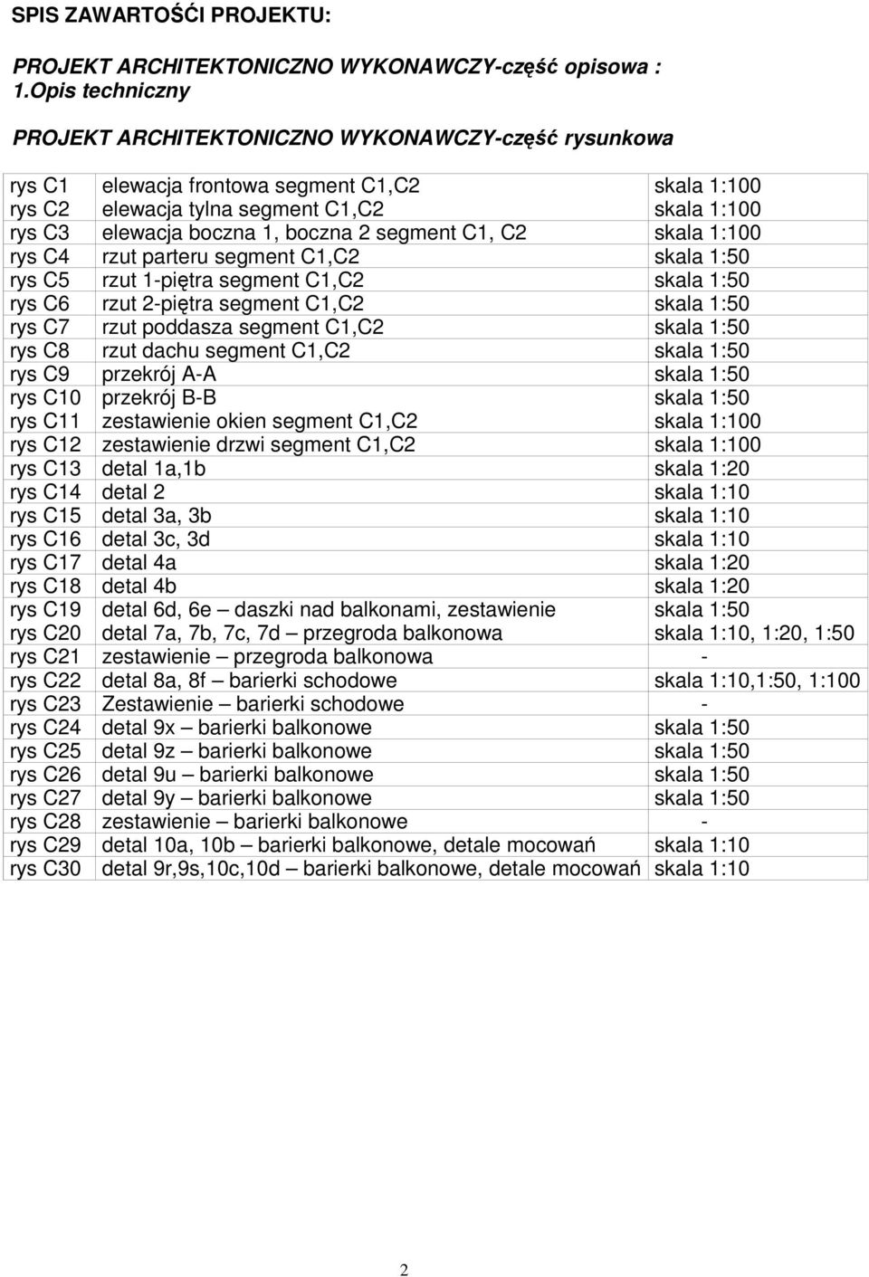 2 segment C1, C2 skala 1:100 rys C4 rzut parteru segment C1,C2 skala 1:50 rys C5 rzut 1-piętra segment C1,C2 skala 1:50 rys C6 rzut 2-piętra segment C1,C2 skala 1:50 rys C7 rzut poddasza segment