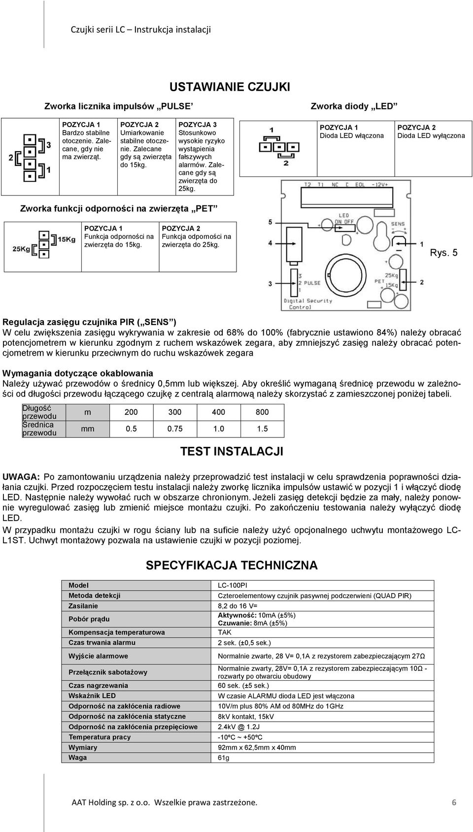 POZYCJA 1 Dioda LED włączona POZYCJA 2 Dioda LED wyłączona Zworka funkcji odporności na zwierzęta PET POZYCJA 1 Funkcja odporności na zwierzęta do 15kg.