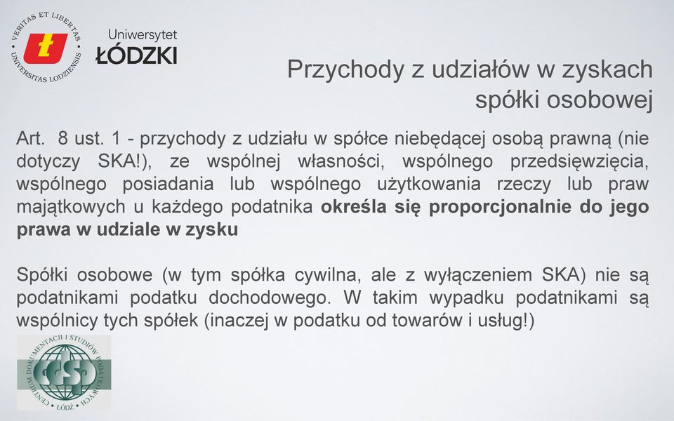 każdego podatnika określa się proporcjonalnie do jego prawa w udziale w zysku Spółki osobowe (w tym spółka cywilna, ale z wyłączeniem