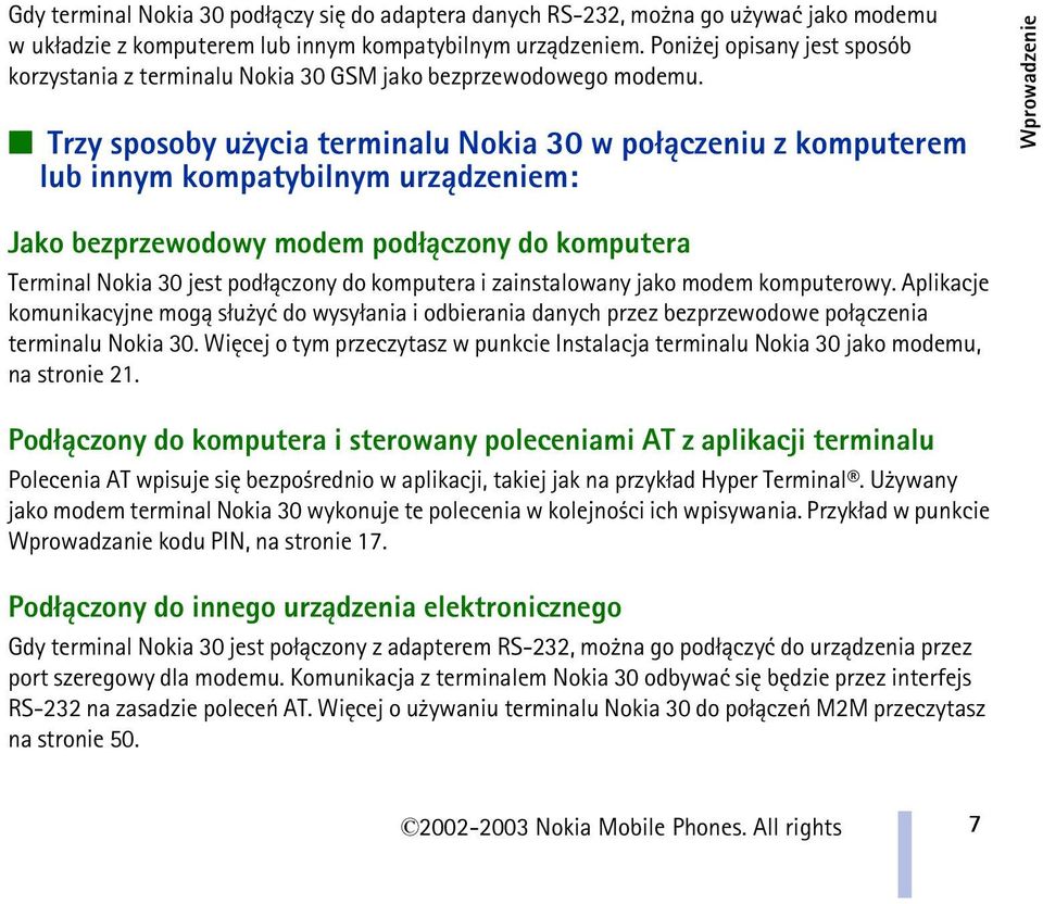 Trzy sposoby u ycia terminalu Nokia 30 w po³±czeniu z komputerem lub innym kompatybilnym urz±dzeniem: Wprowadzenie Jako bezprzewodowy modem pod³±czony do komputera Terminal Nokia 30 jest pod³±czony