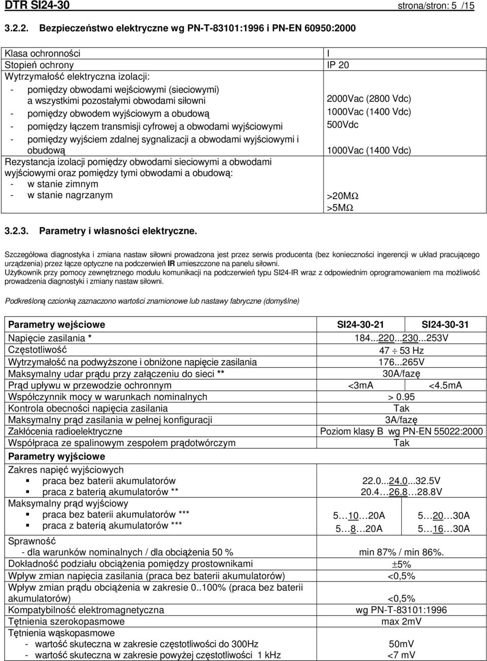 2. Bezpieczeństwo elektryczne wg PN-T-83101:1996 i PN-EN 60950:2000 Klasa ochronności I Stopień ochrony IP 20 Wytrzymałość elektryczna izolacji: - pomiędzy obwodami wejściowymi (sieciowymi) a