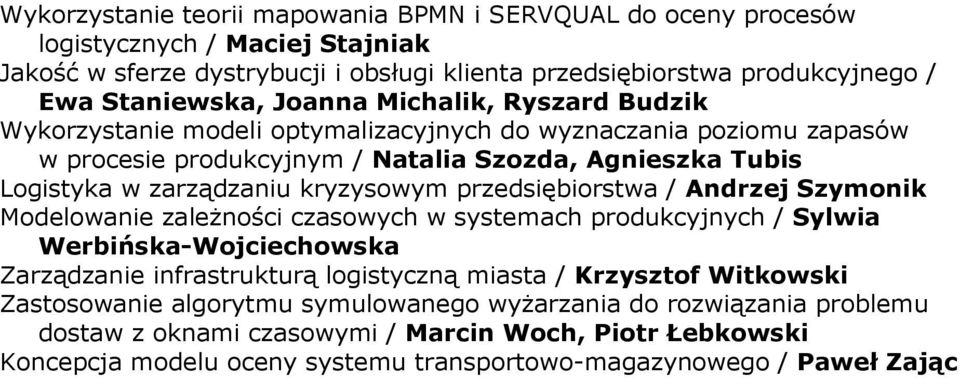 przedsiębiorstwa / Andrzej Szymonik Modelowanie zaleŝności czasowych w systemach produkcyjnych / Sylwia Werbińska-Wojciechowska Zarządzanie infrastrukturą logistyczną miasta / Krzysztof Witkowski