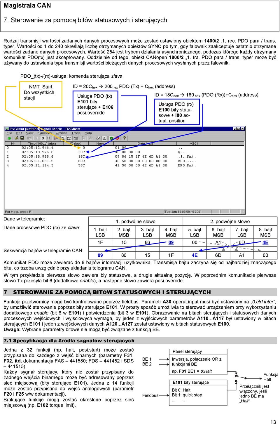 Wartość 254 jest trybem działania asynchronicznego, podczas którego każdy otrzymany komunikat PDO(tx) jest akceptowany. Oddzielnie od tego, obiekt CANopen 1800/2 1. tra. PDO para / trans.