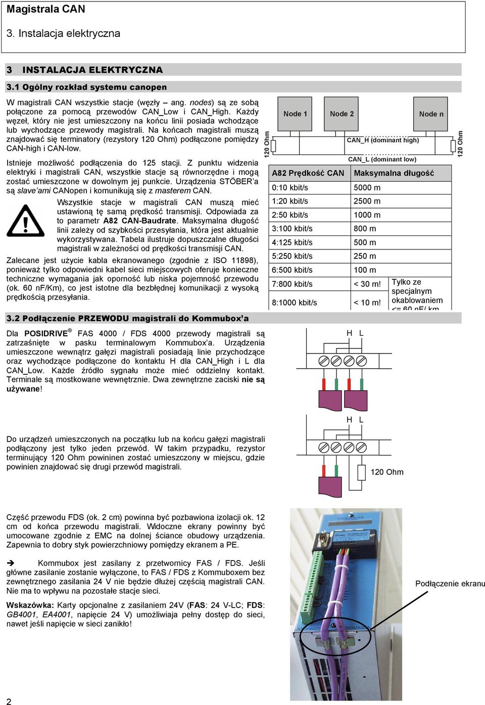 Na końcach magistrali muszą znajdować się terminatory (rezystory 120 Ohm) podłączone pomiędzy CAN-high i CAN-low. Istnieje możliwość podłączenia do 125 stacji.