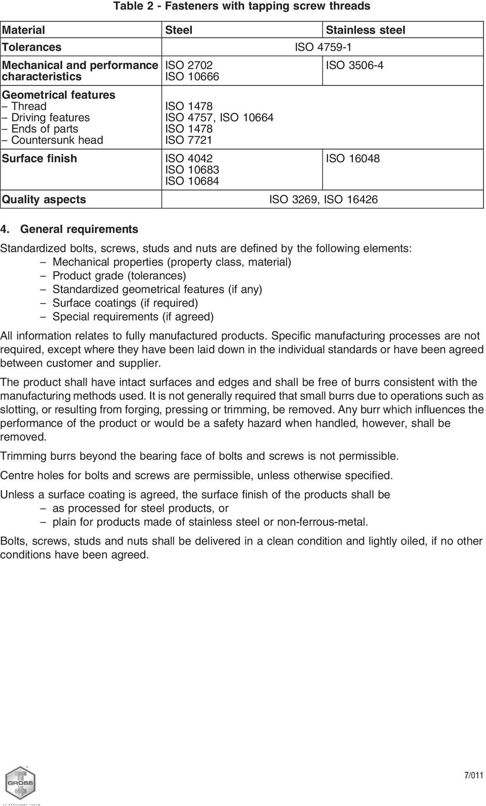 General requirements Standardized bolts, screws, studs and nuts are defined by the following elements: Mechanical properties (property class, material) Product grade (tolerances) Standardized