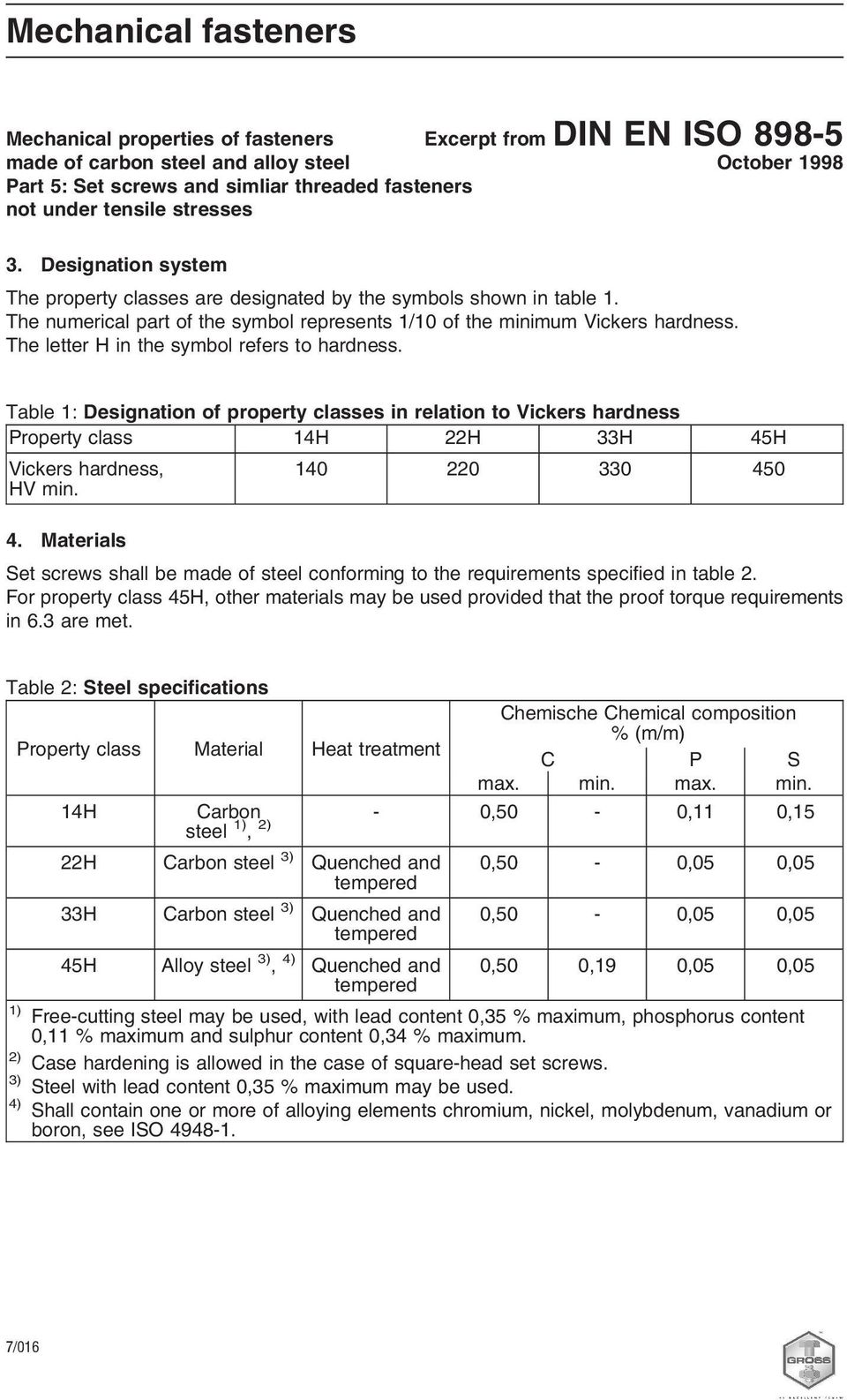 The letter H in the symbol refers to hardness. Table 1: Designation of property classes in relation to Vickers hardness Property class 14H 22H 33H 45H Vickers hardness, HV min. 140 220 330 450 4.