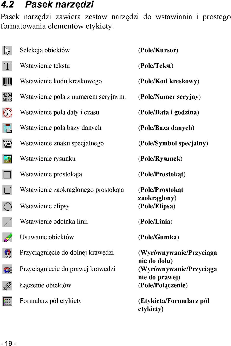 Wstawienie pola daty i czasu Wstawienie pola bazy danych Wstawienie znaku specjalnego Wstawienie rysunku Wstawienie prostokąta Wstawienie zaokrąglonego prostokąta Wstawienie elipsy Wstawienie odcinka