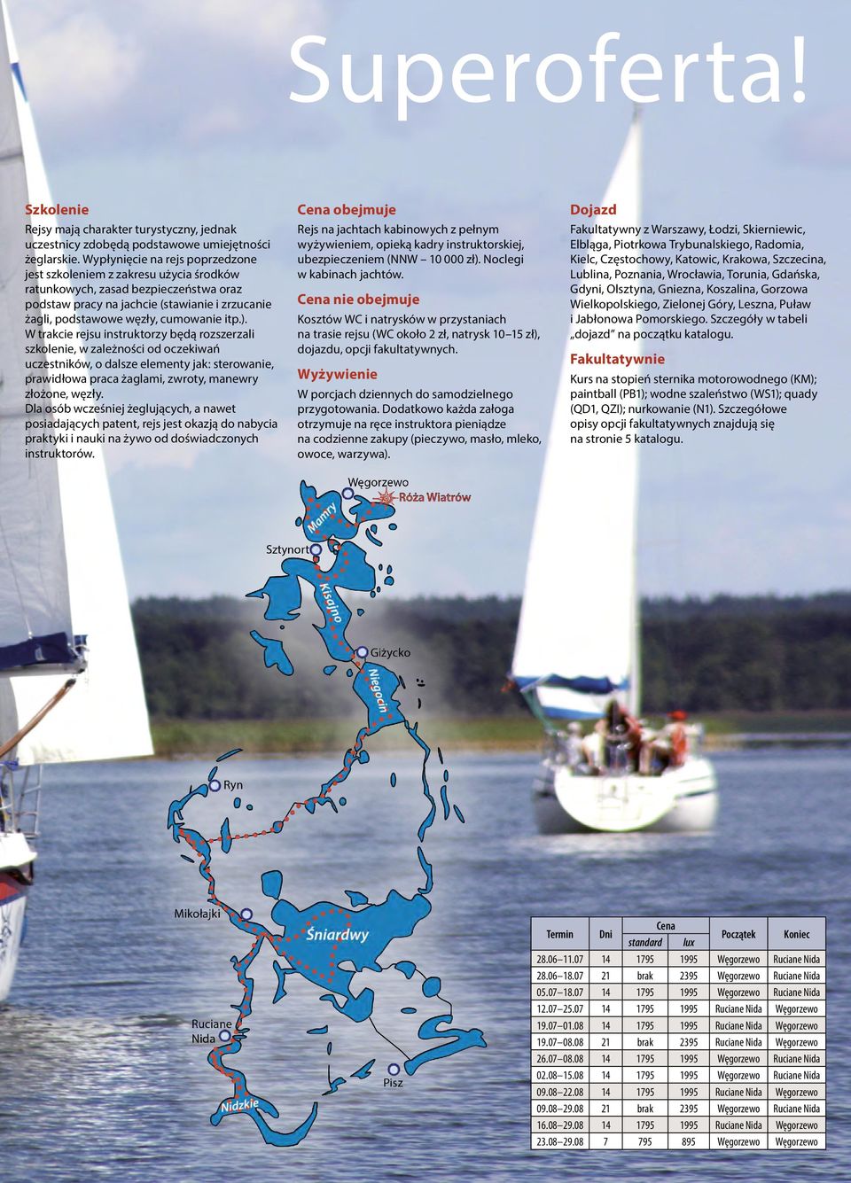). W trakcie rejsu instruktorzy będą rozszerzali szkolenie, w zależności od oczekiwań uczestników, o dalsze elementy jak: sterowanie, prawidłowa praca żaglami, zwroty, manewry złożone, węzły.