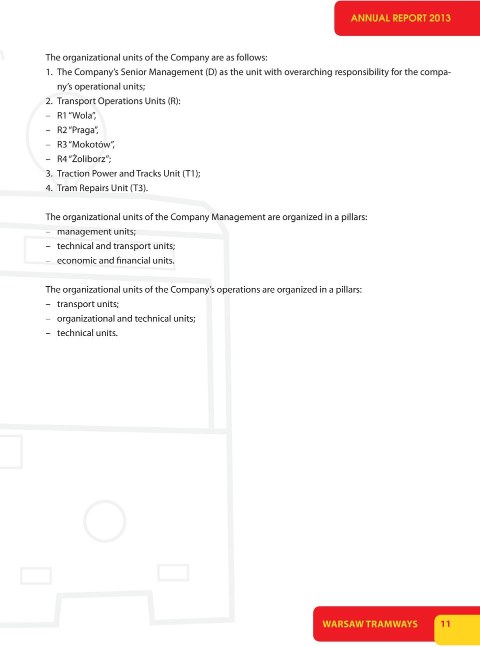 Transport Operations Units (R): R1 Wola, R2 Praga, R3 Mokotów, R4 Żoliborz ; 3. Traction Power and Tracks Unit (T1); 4. Tram Repairs Unit (T3).