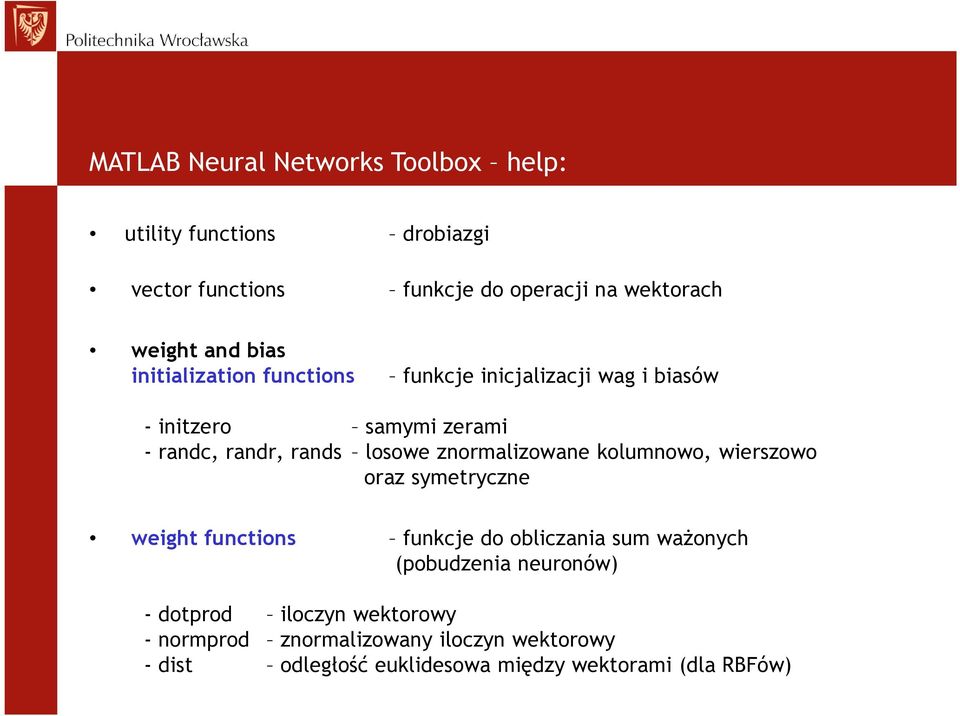 kolumnowo, wierszowo oraz symetryczne weight functions funkcje do obliczania sum ważonych (pobudzenia neuronów) -