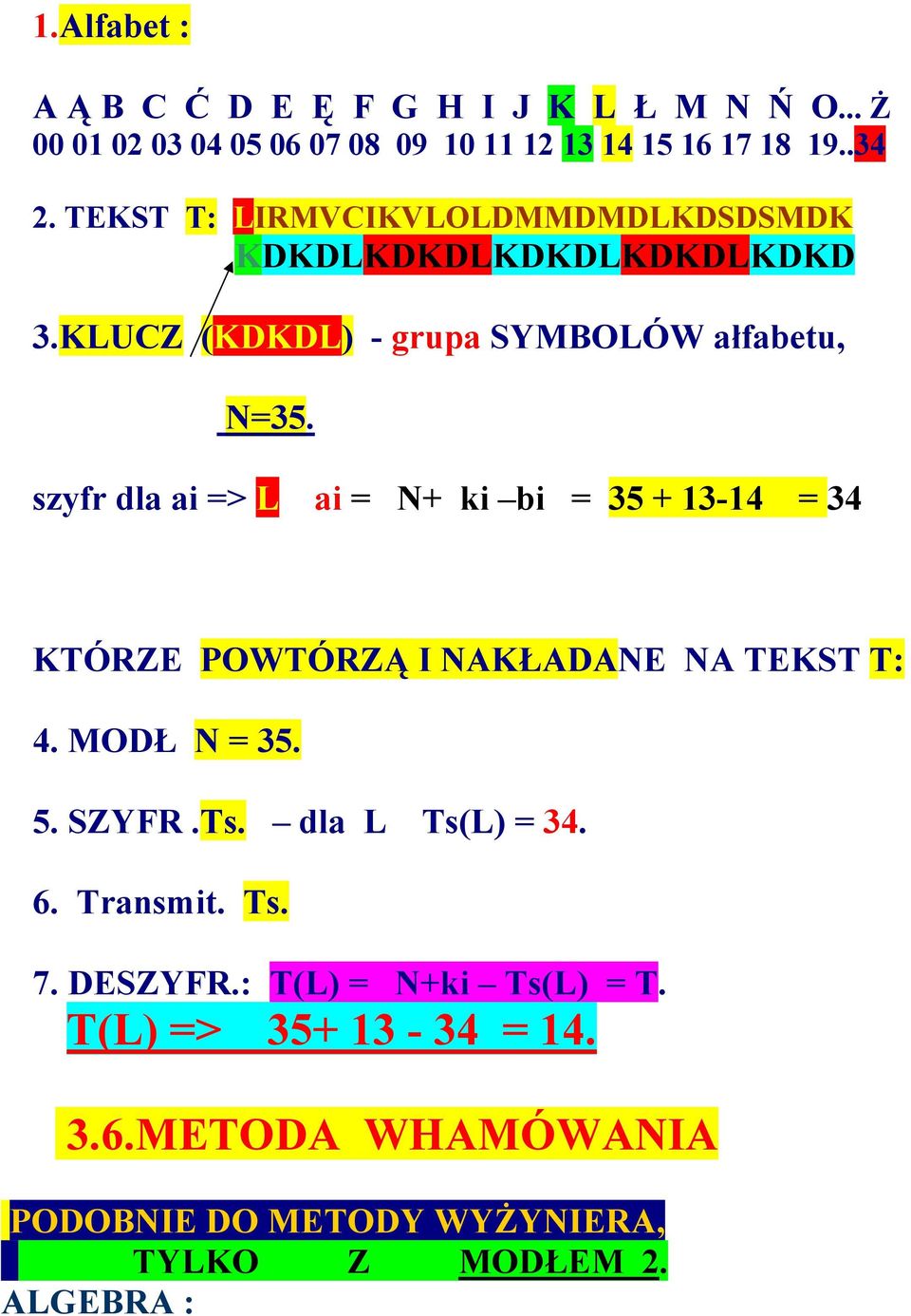 szyfr dla ai => L ai = N+ ki bi = 35 + 13-14 = 34 KTÓRZE POWTÓRZĄ I NAKŁADANE NA TEKST T: 4. MODŁ N = 35. 5. SZYFR.Ts.