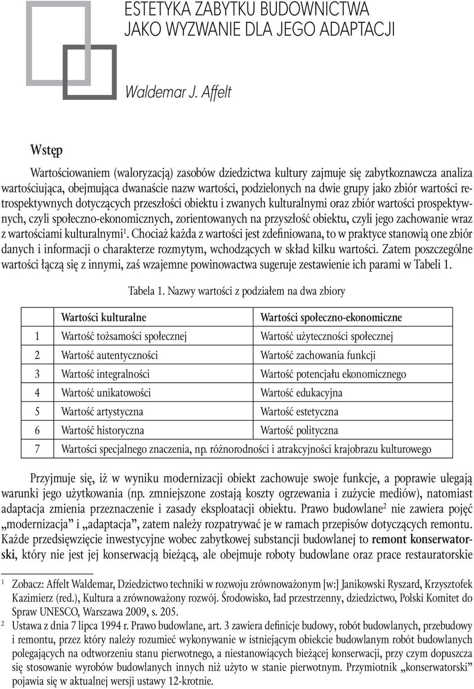 wartości retrospektywnych dotyczących przeszłości obiektu i zwanych kulturalnymi oraz zbiór wartości prospektywnych, czyli społeczno-ekonomicznych, zorientowanych na przyszłość obiektu, czyli jego