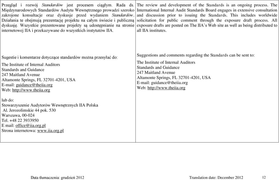 Wszystkie prezentowane projekty są udostępnianie na stronie internetowej IIA i przekazywane do wszystkich instytutów IIA. The review and development of the Standards is an ongoing process.