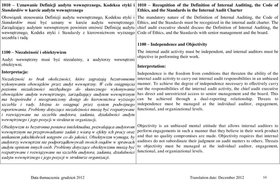 1100 Niezależność i obiektywizm Audyt wewnętrzny musi być niezależny, a audytorzy wewnętrzni obiektywni.