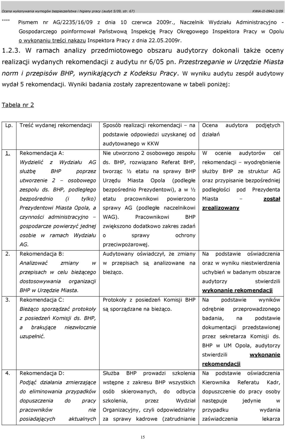 W ramach analizy przedmiotowego obszaru audytorzy dokonali takŝe oceny realizacji wydanych rekomendacji z audytu nr 6/05 pn.