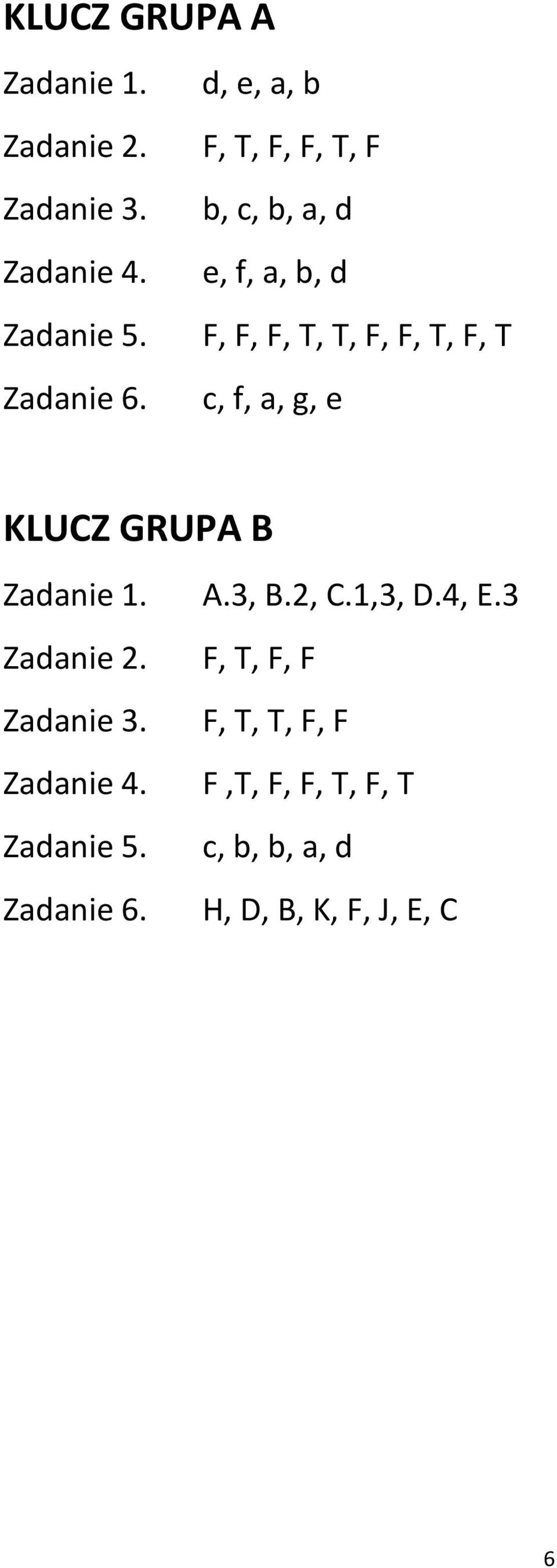 c, f, a, g, e KLUCZ GRUPA B Zadanie 1. A.3, B.2, C.1,3, D.4, E.3 Zadanie 2.