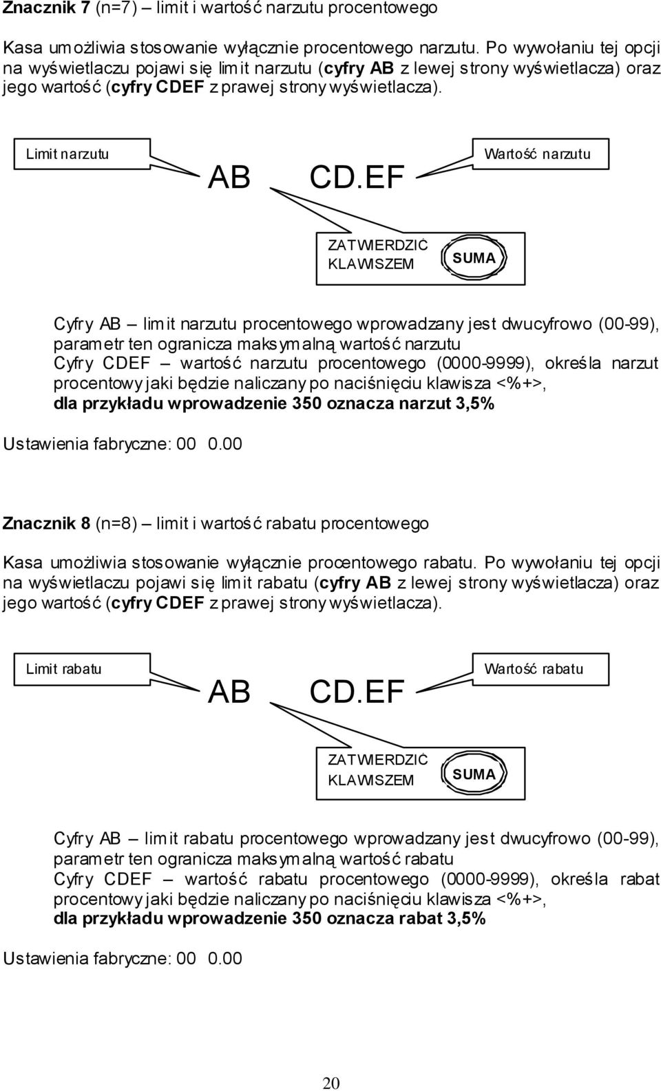 EF Wartość narzutu ZATWIERDZIĆ KLAWISZEM SUMA Cyfry AB limit narzutu procentowego wprowadzany jest dwucyfrowo (00-99), parametr ten ogranicza maksymalną wartość narzutu Cyfry CDEF wartość narzutu