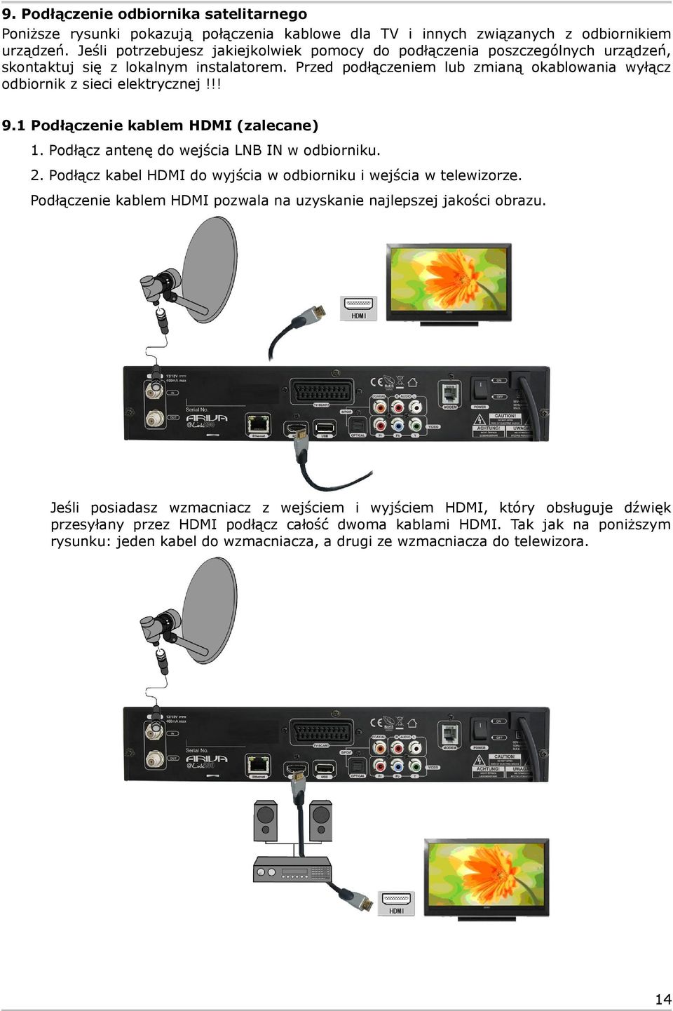 !! 9.1 Podłączenie kablem HDMI (zalecane) 1. Podłącz antenę do wejścia LNB IN w odbiorniku. 2. Podłącz kabel HDMI do wyjścia w odbiorniku i wejścia w telewizorze.