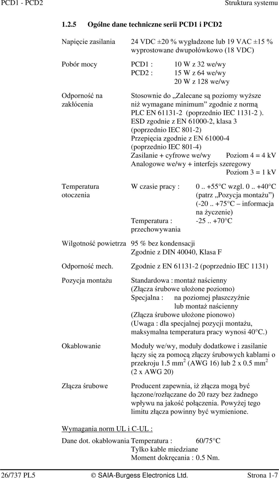 #*"#FI000 (poprzednio IEC 801-4) Zasilanie + cyfrowe we/wy Poziom 4 = 4 kv Analogowe we/wy + interfejs szeregowy Poziom 3 = 1 kv Temperatura W czasie pracy : 0.