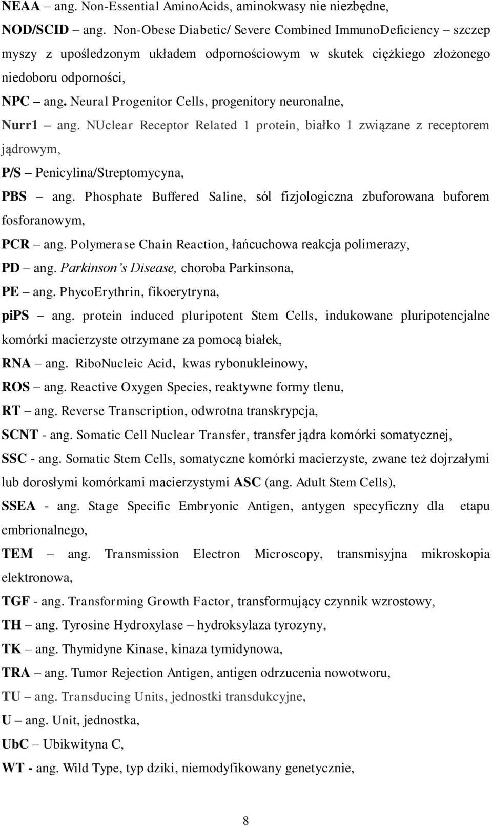 Neural Progenitor Cells, progenitory neuronalne, Nurr1 ang. NUclear Receptor Related 1 protein, białko 1 związane z receptorem jądrowym, P/S Penicylina/Streptomycyna, PBS ang.