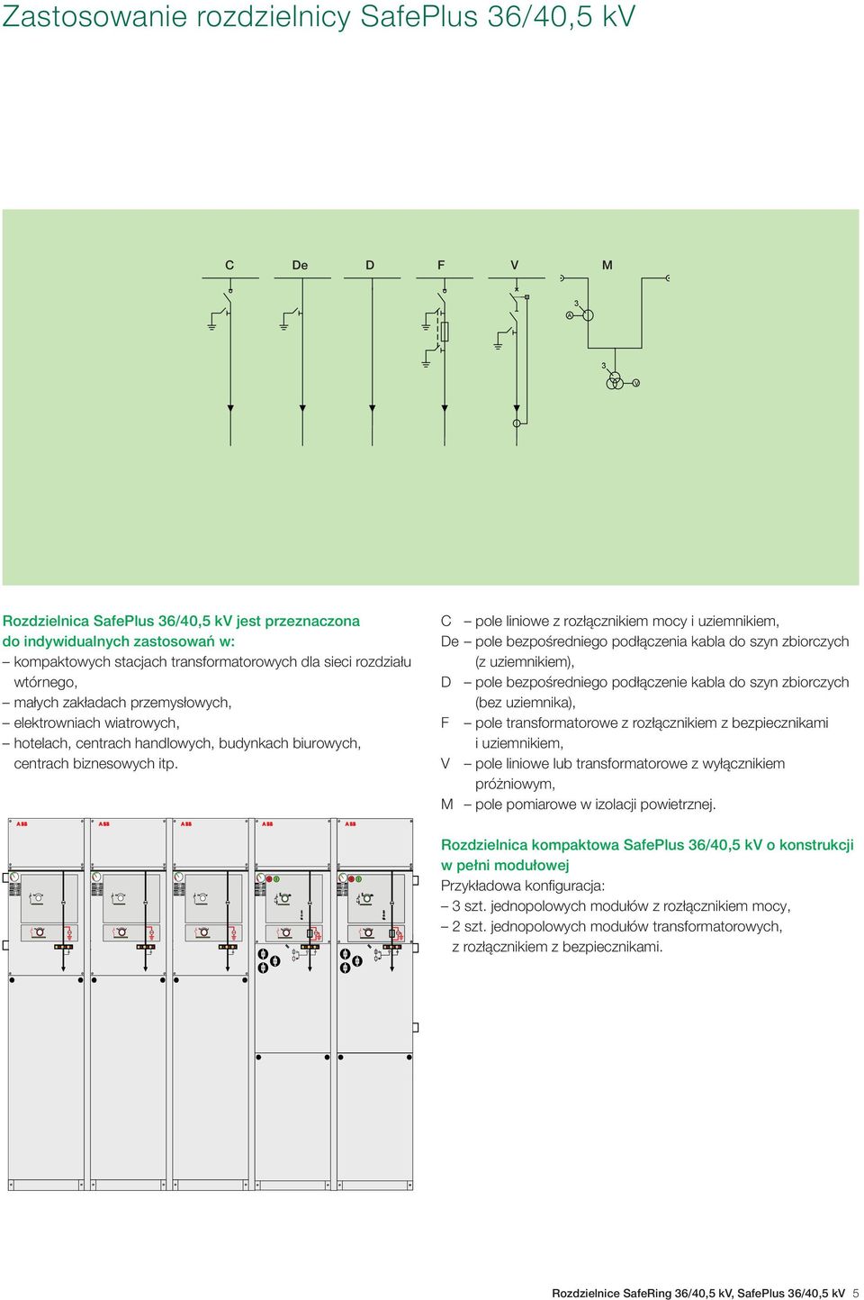 C pole liniowe z rozłącznikiem mocy i uziemnikiem, De pole bezpośredniego podłączenia kabla do szyn zbiorczych (z uziemnikiem), D pole bezpośredniego podłączenie kabla do szyn zbiorczych (bez