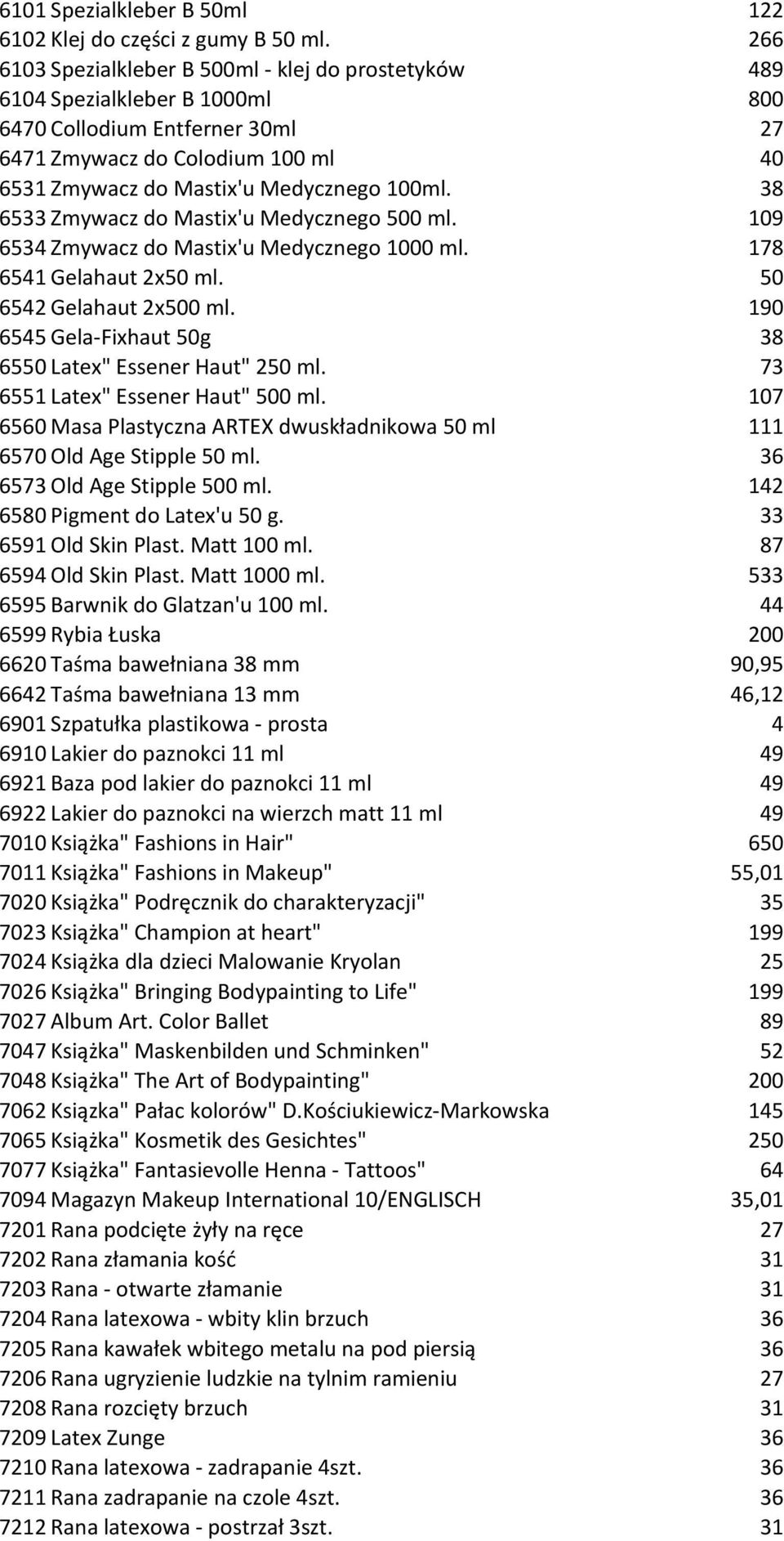 38 6533 Zmywacz do Mastix'u Medycznego 500 ml. 109 6534 Zmywacz do Mastix'u Medycznego 1000 ml. 178 6541 Gelahaut 2x50 ml. 50 6542 Gelahaut 2x500 ml.